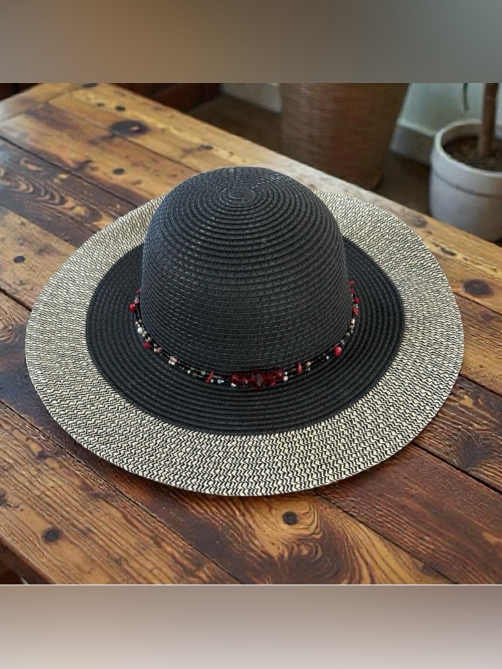 Two-Tone Black and Natural Beaded Sun Hat